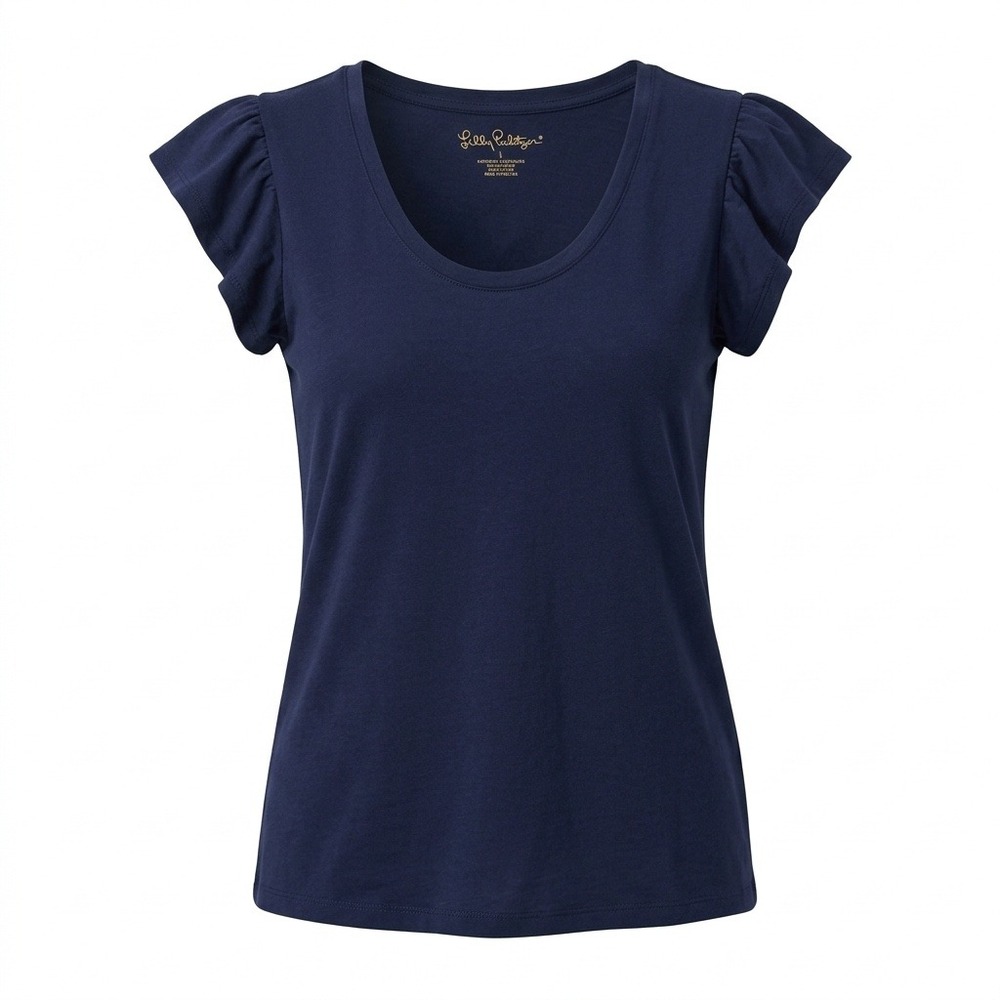 Lilly Pulitzer Flutter Sleeve Top Women Small Navy Blue V-Neck 005656